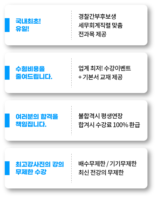 국내최초 유일, 수험비용을 줄여드립니다. 여러분의 합격을 책임집니다. 최고강사진의 강의 무제한 수강