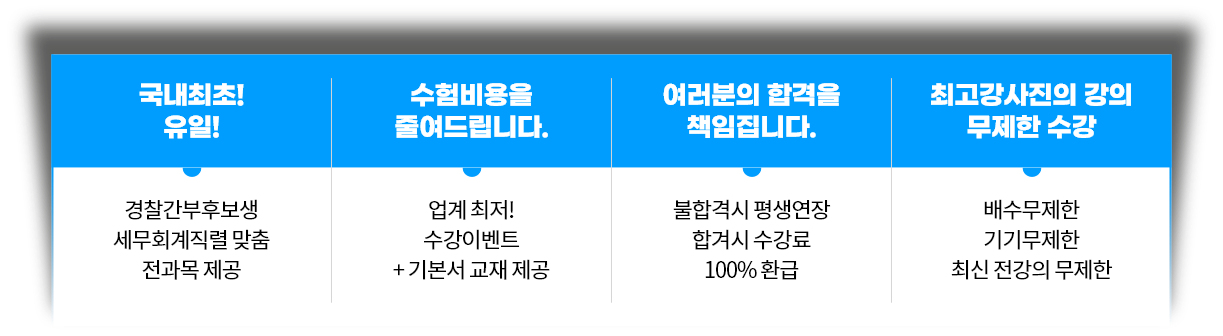 국내최초 유일, 수험비용을 줄여드립니다. 여러분의 합격을 책임집니다. 최고강사진의 강의 무제한 수강